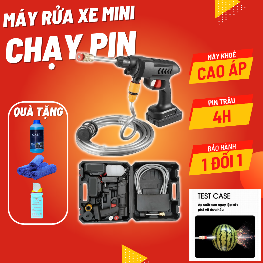 Máy Rửa Xe Xịt Rửa Cầm Tay Dùng Pin 24V Áp Lực Cao Phun Nước Đa Năng tặng bình tạo bọt