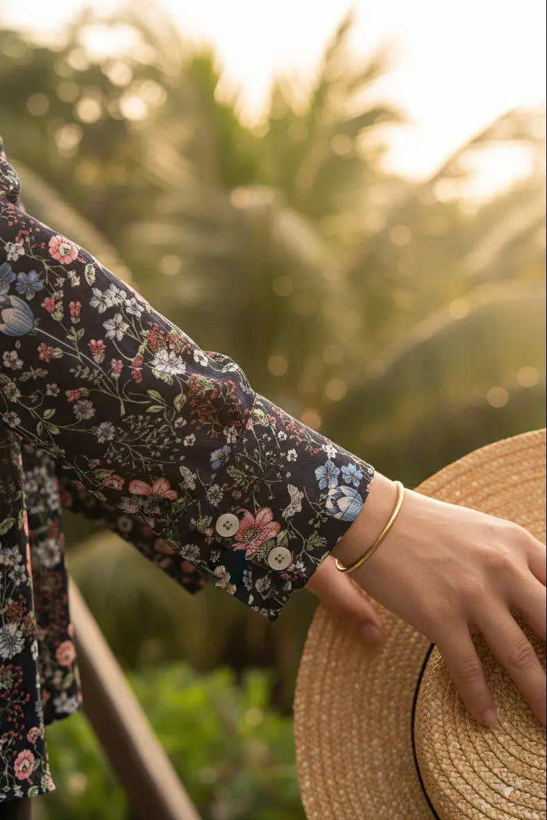 Áo Sơ Mi Hoa Điểm Ngọc, Áo Sơ Mi Tay Dài Nữ Chiffon Voan Hoa Cổ Điển Vintage thời trang thiết kế Hity Top171