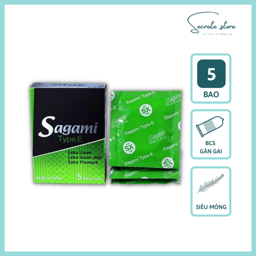 Bao cao su Sagami Type E - thương hiệu Nhật Bản siêu mỏng, có gân gai, màu xanh - hộp 5 cái