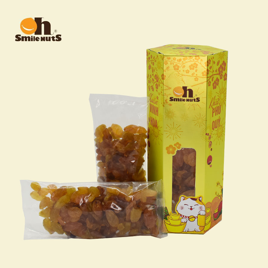 Nho Khô Không Hạt Smile Nuts 160g - Nho khô vàng nhập khẩu từ Chile, 100% không đường và chất bảo quản_ Nho vàng quả to, size lớn, thịt dày _ Quà tết hộp lục giác 2023