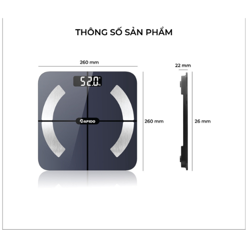 Cân Sức Khỏe Thông minh Rapido RSB02/RSB04-S/RSF02 - Màn Hình LCD Lớn - Kết Nối Bluetooth - Hàng chính hãng MINIIN