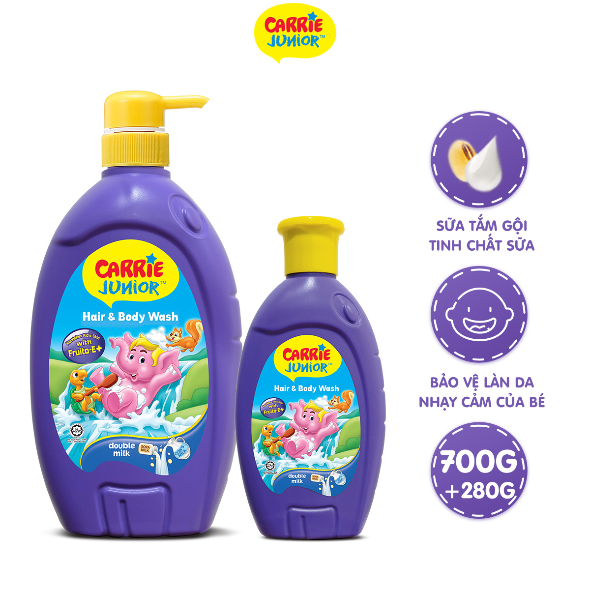 Combo Sữa Tắm Gội cho bé Carrie Junior Tinh Chất Sữa 700g + 280g