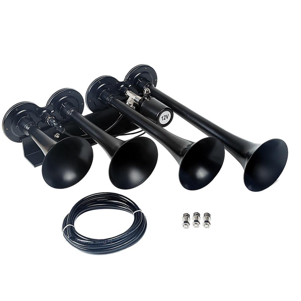 150DB Single Row Four Trumpet Train Air  12V Electric Solenoid Black