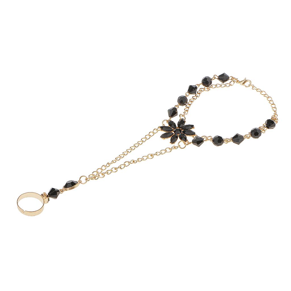 Black Rhinestone Hand Harness Bracelet Gold Slave Chain Link Finger