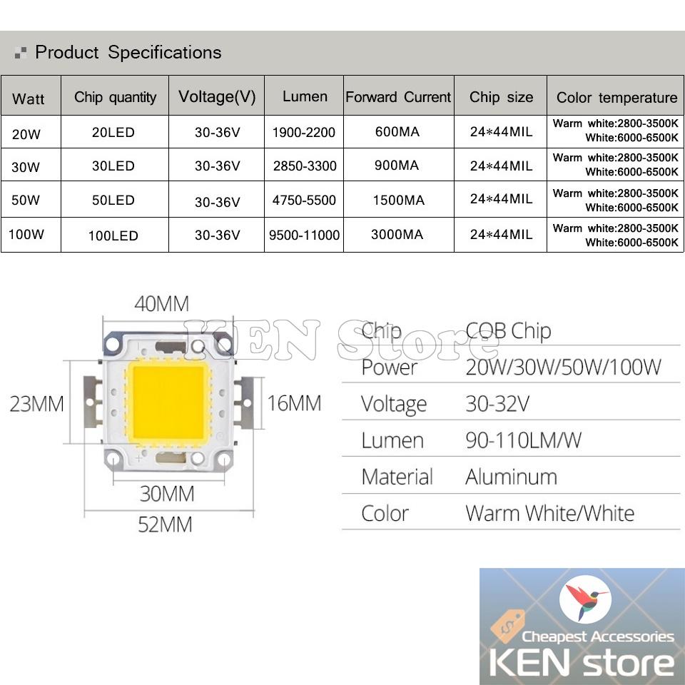 Chip led, nhân led 20W/30W/50W/100W điện 30V - 36V DC V1.0