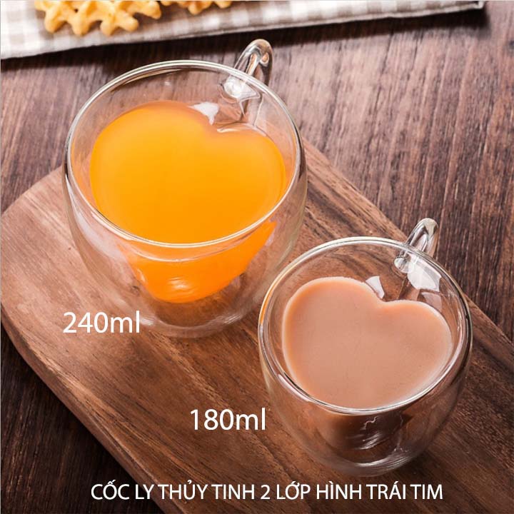 Ly thủy tinh 2 lớp hình trái tim, dùng uống cà phê, trà, sữa, loại 180ml-240ml tùy chọn