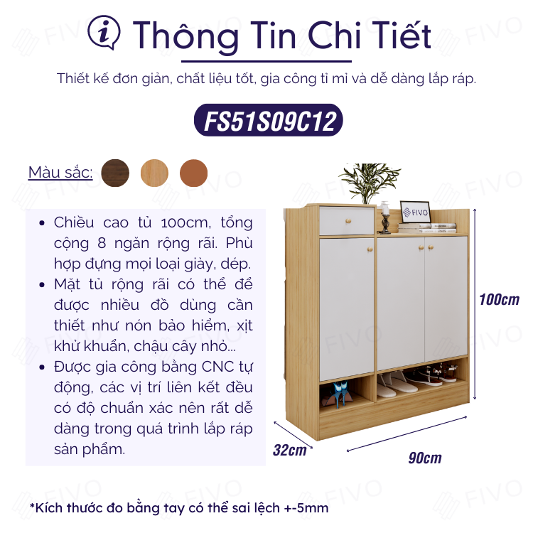 Tủ Đựng Giày Hiện Đại FIVO FS51, Chất Liệu Gỗ MDF Lõi Xanh Chống Ẩm Dày 17mm Chân Tủ Chắc Chắn, Có Kèm 1 Hộc Tủ Mini - Ngang 90cm