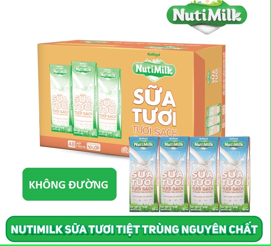 Thùng NutiMilk sữa tươi tươi sạch không đường hộp 180ml - (48 hộp x 180ml)