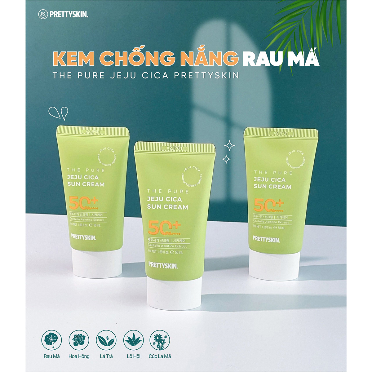 Kem Chống Nắng Rau Má Không Lo Bết Dính Jeju Cica Pretty Skin SPF50+ PA++++ 50ml Cho Da Dầu, Nhạy Cảm tặng móc khóa