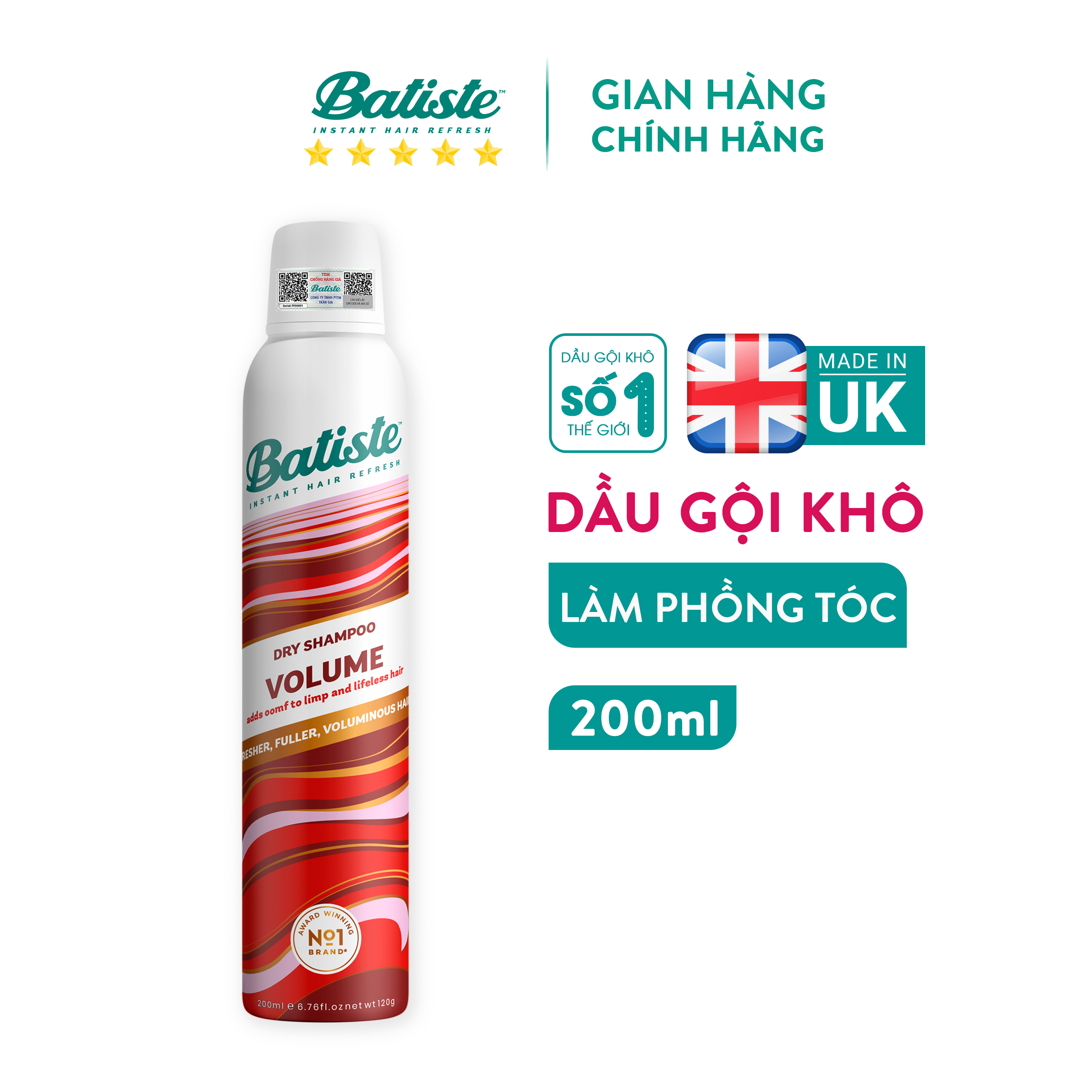 Dầu Gội Khô Batiste Dry Shampoo VOLUME Giúp Làm Phồng Tóc 200ml