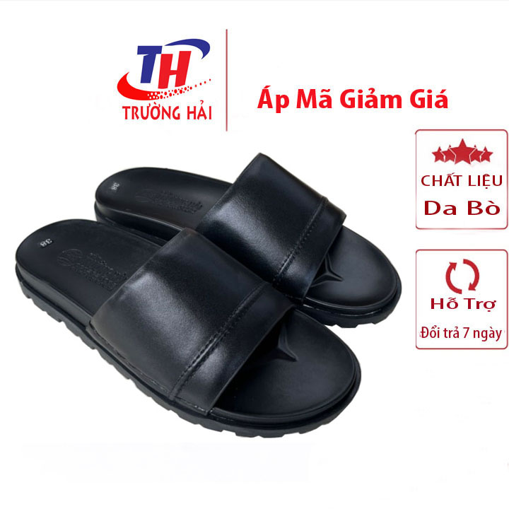 Dép nam da quai ngang màu đen chính hãng Trường Hải da bò thật QN146