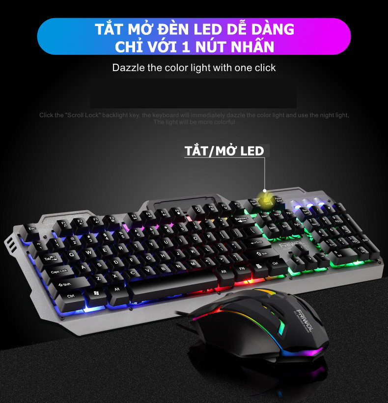 Bộ bàn phím &amp; chuột có dây KT600 104 phím Bảng điều khiển kim loại Đèn nền RGB Cảm giác cơ học Bàn phím chơi game 1000DPI Ergonomic Home Office Mouse - Hàng Chính Hãng