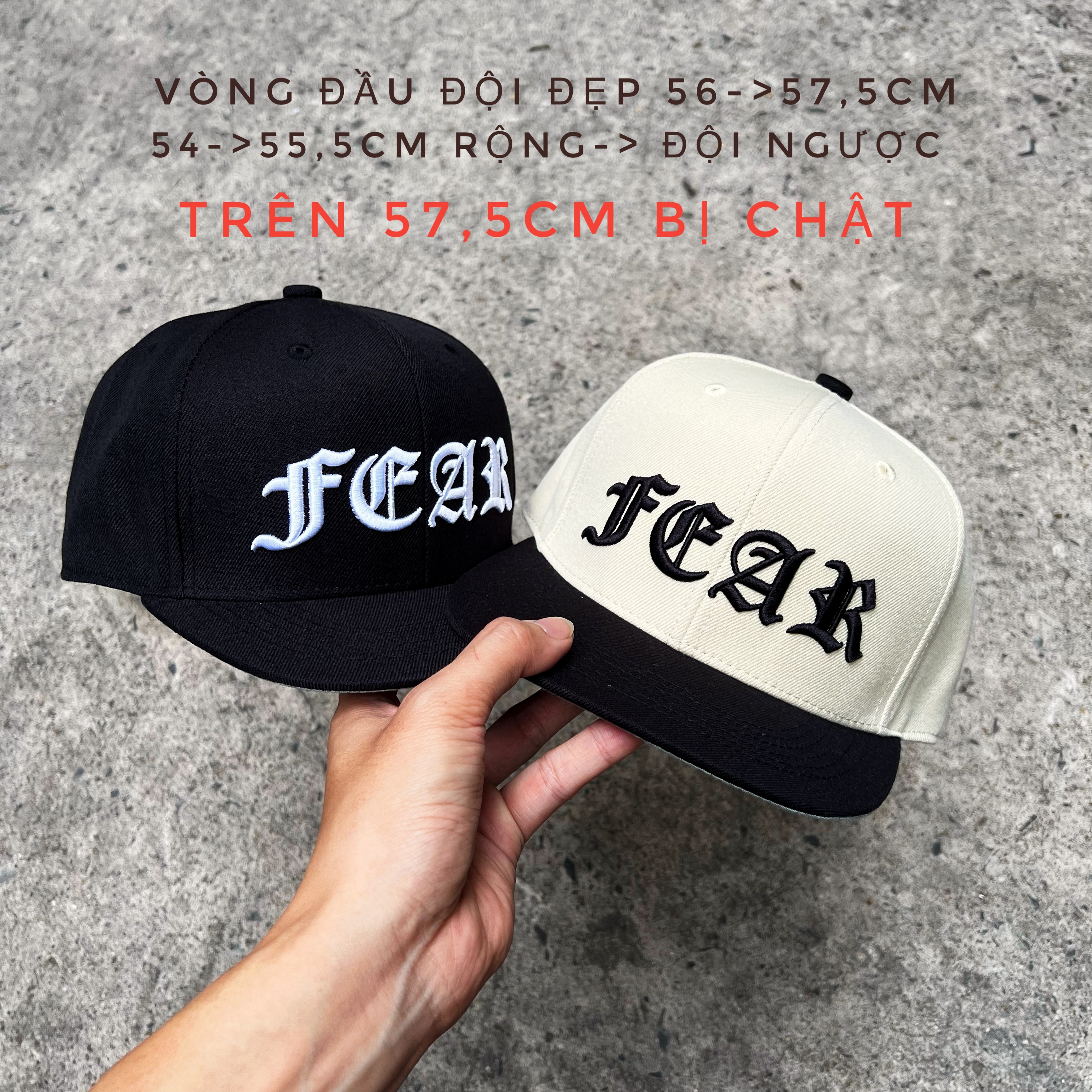 Nón snapback Fitted bít đuôi logo Chữ FEAR thêu 3D cách điệu vòng đầu 57,5cm chất lượng cao brand One Hat