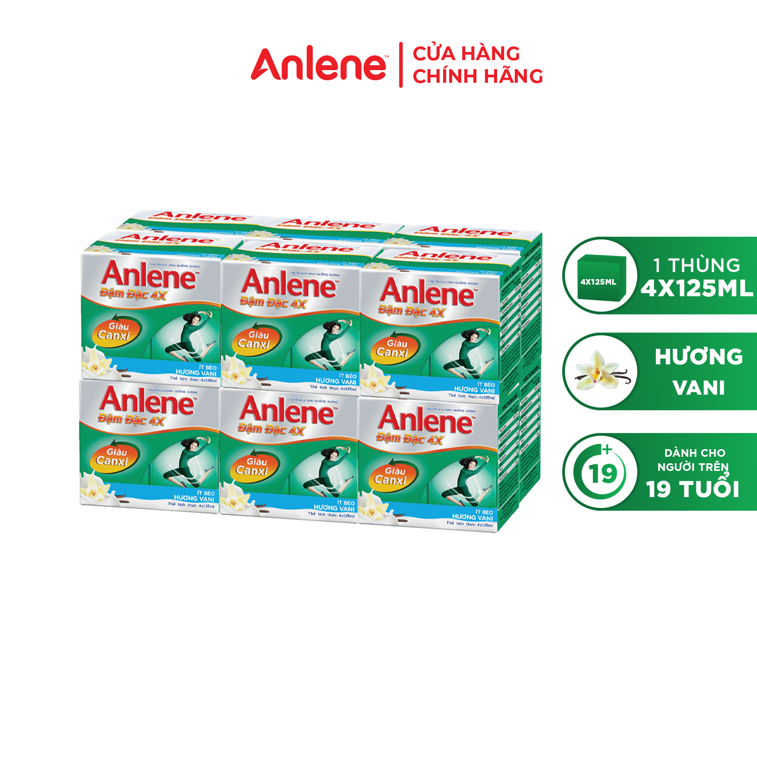 Thùng 48 Hộp Sữa Anlene Đậm Đặc 4X Ít Béo Hương Vani (12 x 4 x 125 ml)