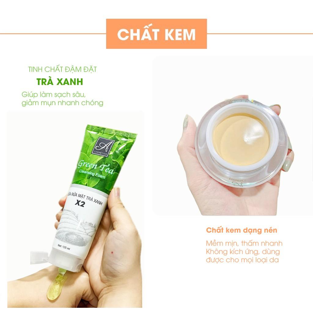 Bộ 3 sản phẩm dưỡng da mặt ACosmetics: Kem Face Pháp 50g + Detox Bọt Biển 80ml + Sữa Rửa Mặt Trà Xanh 120ml