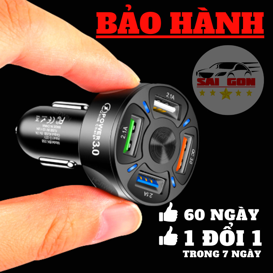 Tẩu sạc nhanh ô tô chia 4 cổng sạc, có tích hợp đèn led, hỗ trợ sạc nhanh QC 3.0, điện áp đầu vào 12V đến 32V