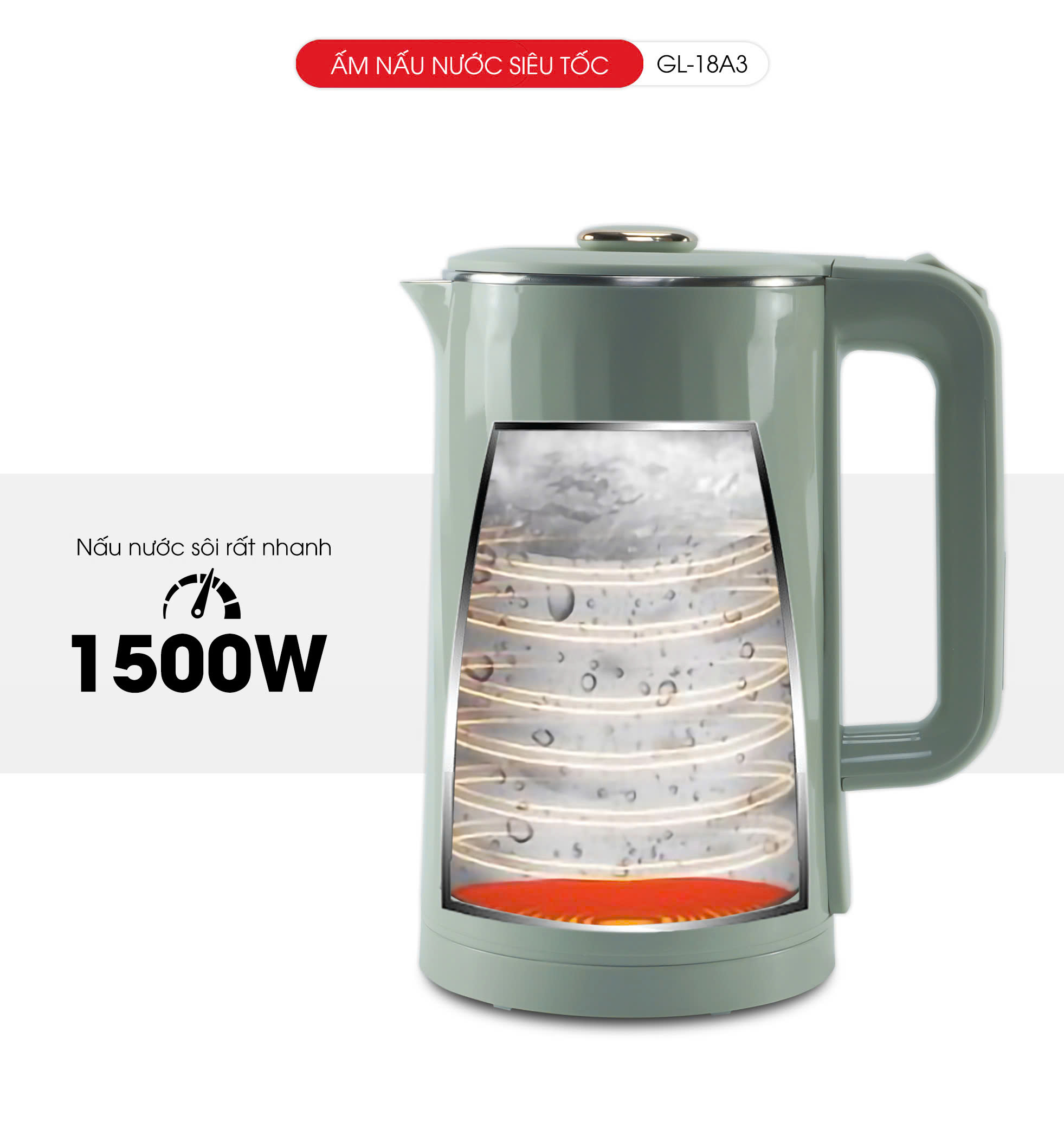 Ấm siêu tốc Gali GL-18A3 1.8L. Thiết kế 2 lớp cách nhiệt, Inox 304. Hàng chính hãng, bảo hành 24 tháng