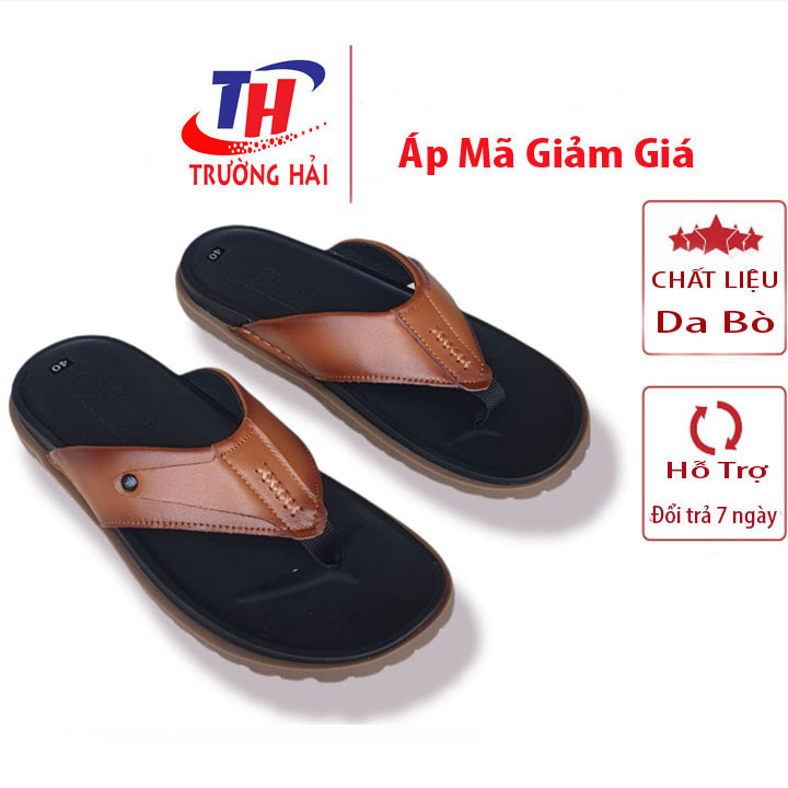 Dép nam xỏ ngón màu nâu Trường Hải quai dép da bò thật đế cao 2.5cm thời trang nam cao cấp D135N