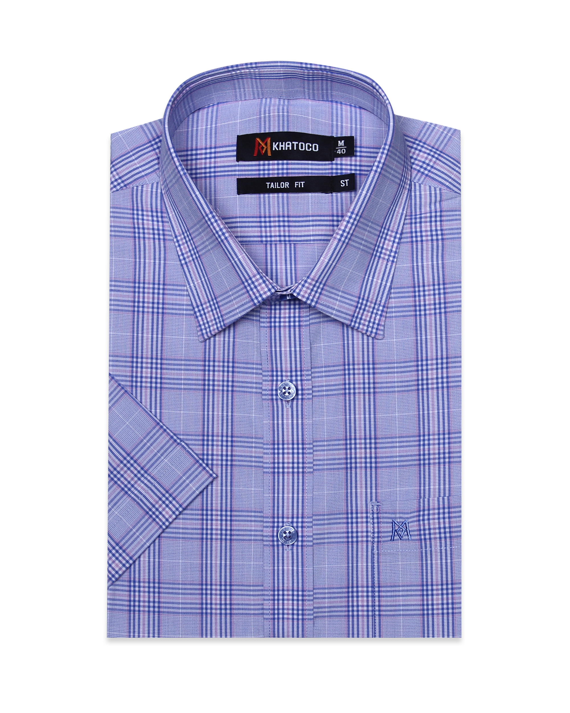 Áo sơ mi nam tay ngắn vạt ngang form tailor caro xanh hồng vải sen Khatoco A1MN538T2- CNCR047-2205-N