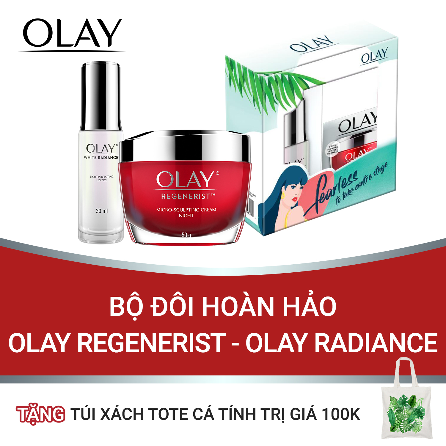 Bộ Đôi Hoàn Hảo Olay (Kem Vi Dưỡng Ban Đêm Olay Regenerist 50g + Dưỡng chất Trắng Da Olay White Radiance Advance Light Perfecting 30ml) [Tặng Túi Xách Tote Cá Tính]