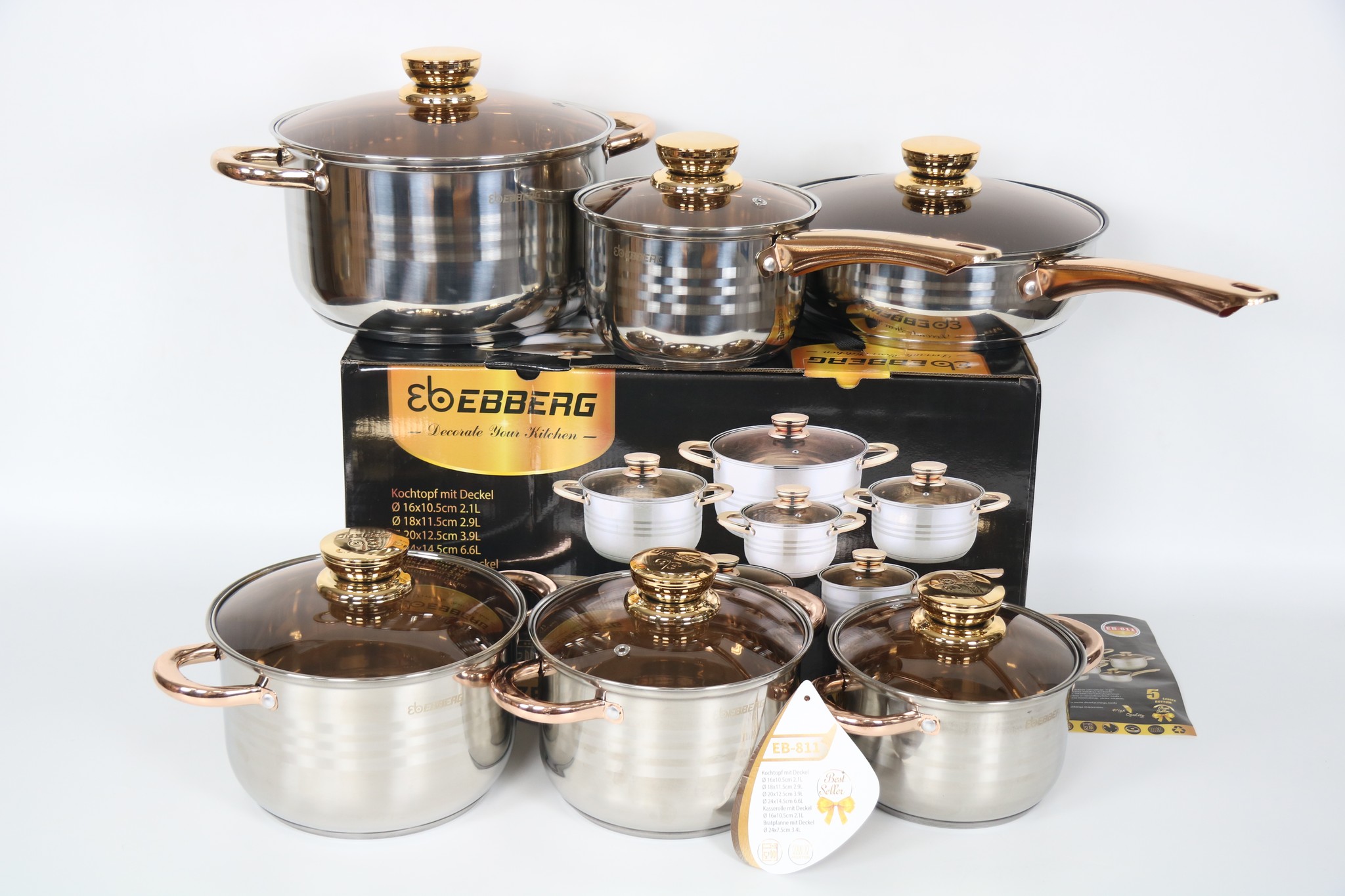 Bộ 6 Nồi Chảo Inox 5 Đáy Eb EBBERG EB-811 (EB-813/EB-8013/EB-8013B) Dùng Mọi Bếp - Hàng Chính Hãng