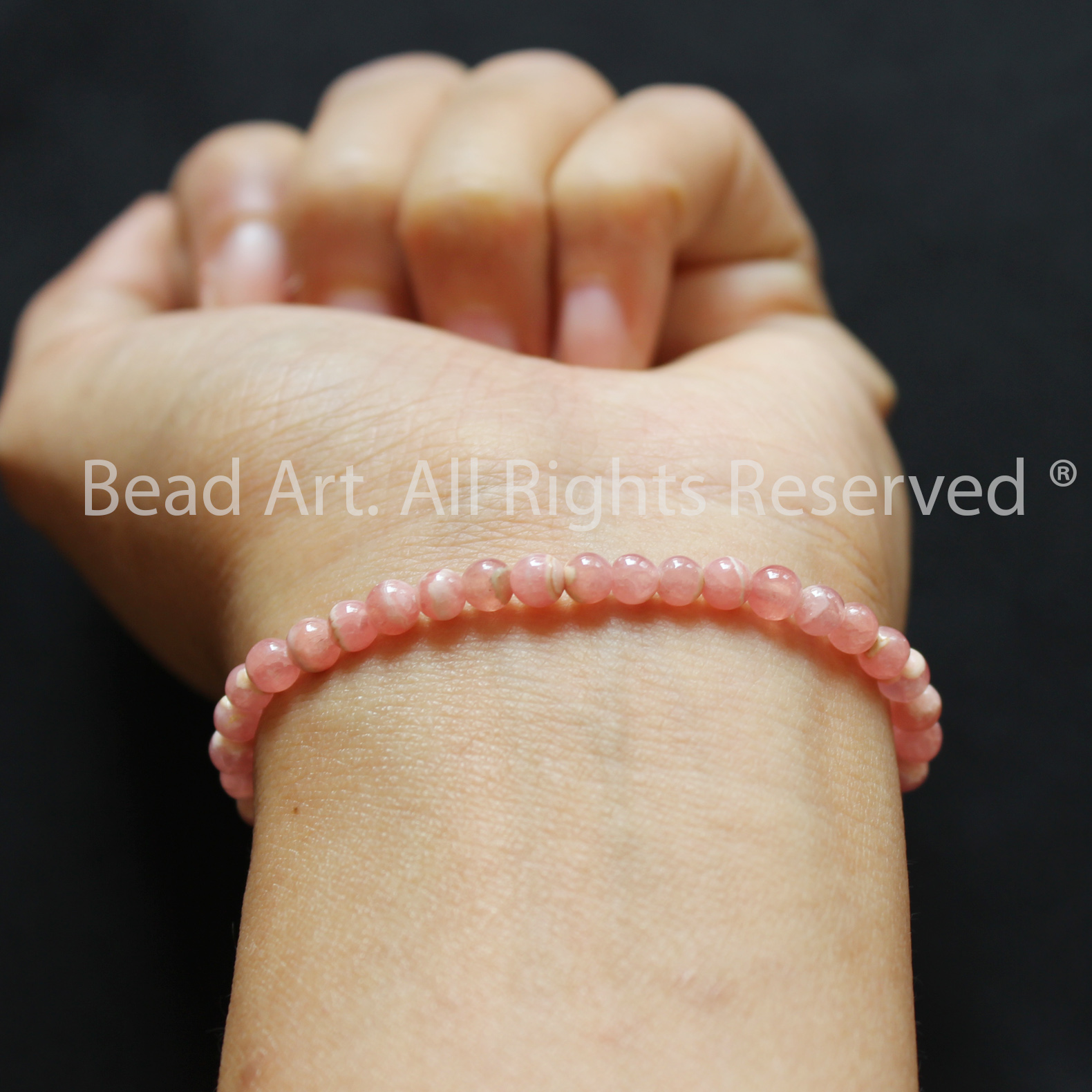 Vòng Tay 4MM Đá Đào Hoa Tự Nhiên Màu Hồng, Rhodochrosite Loại A Vân Trắng, Vòng Tay Phong Thuỷ, Chuỗi Hạt, Mệnh Hoả, Thổ - Bead Art