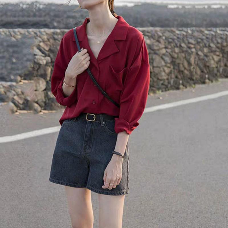 Áo sơ mi chiffon tay dài cổ bẻ hình chữ V màu trơn dành cho nữ