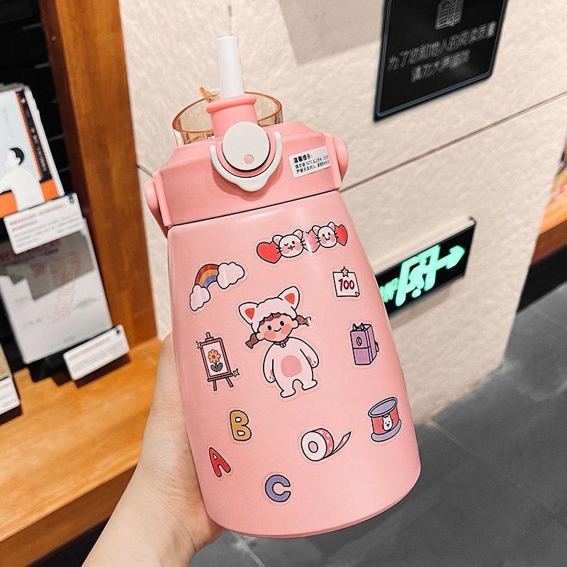 Bình Giữ Nhiệt Cute Có Ống Hút Inox 304 Cao Cấp Không Rỉ 800ml Tặng Kèm Sticker