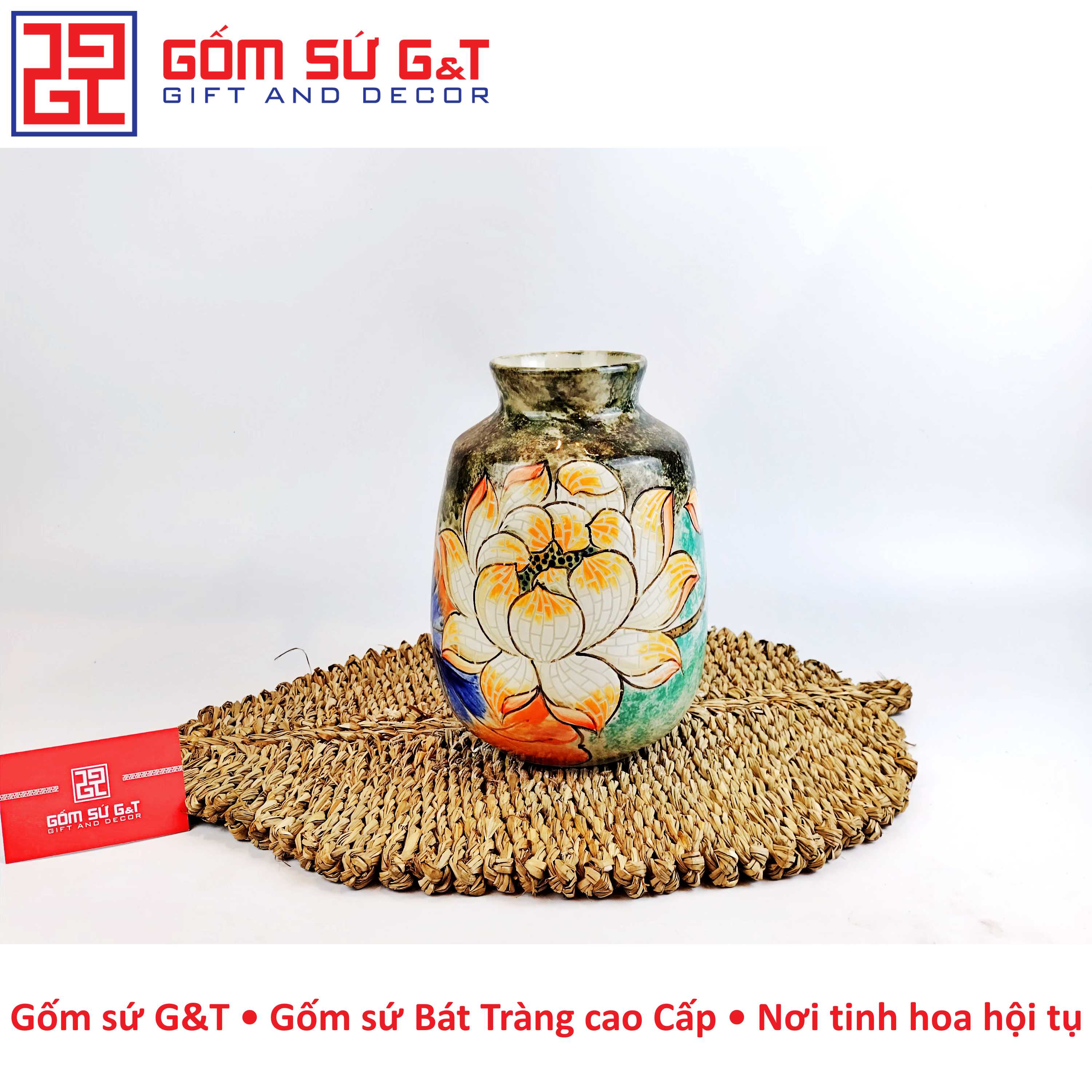 Lọ hoa vai vuông vẽ sen Gốm Sứ G&amp;T