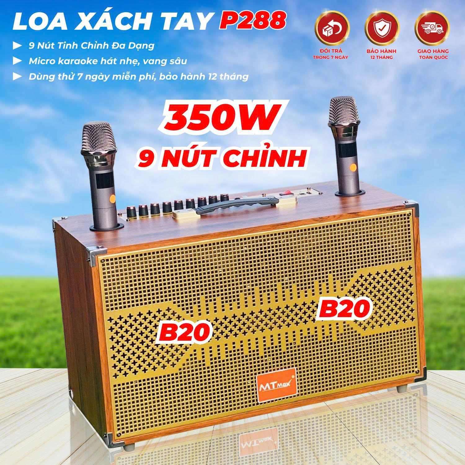 Loa Karaoke Mini P288 Bass đôi 20 Công Suất 350w Kết Nối Bluetooth, Hát Cực Hay Kèm 2 Micro Không Dây Hút Tiếng Hát Nhẹ Hàng Nhập Khẩu