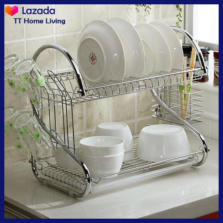 ✥◑ Kệ úp bát đĩa inox 2 tầng hình chữ S đa năng,có ống đựng đũa và giá treo ly bên hông,khay nhựa hứng nư