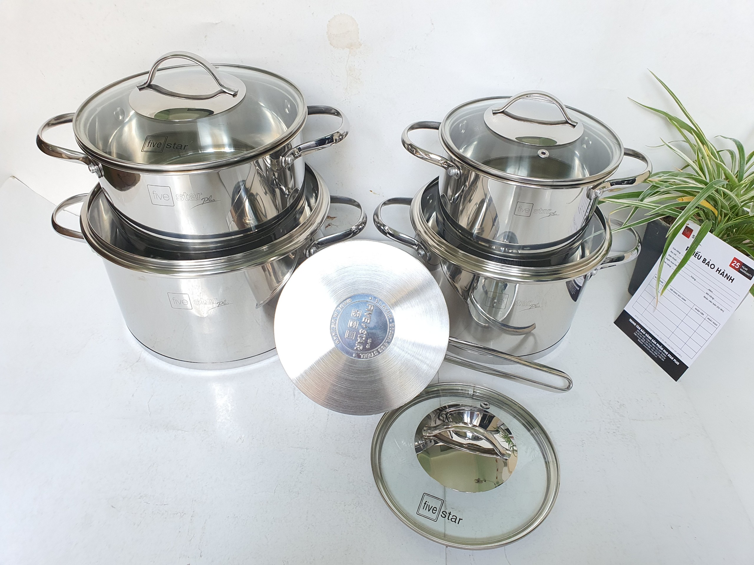 Combo bộ nồi xửng hấp inox cao cấp Fivestar 6 món 3 đáy từ nắp kính , dùng tốt bếp từ , hồng ngoại , gas