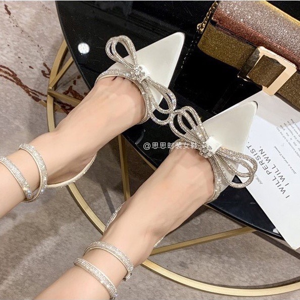 Giày Sandal LCC52 Mũi Nhọn Gót Nhọn Cao 8P Đính Nơ Đá Xinh Xắn Dành Cho Nữ