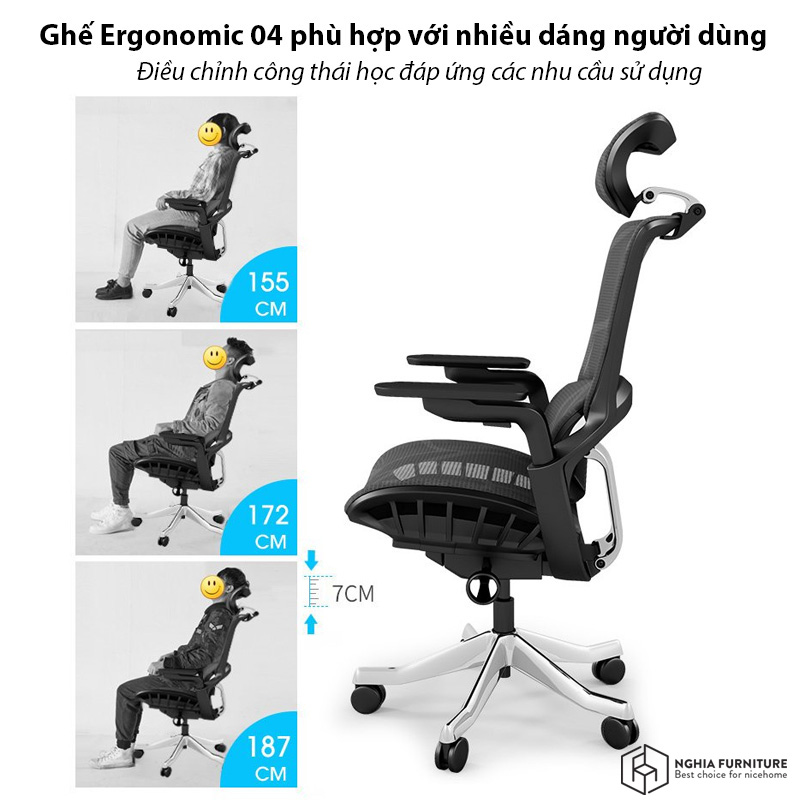 Ghế công thái học cho người BigSize, ghế xoay văn phòng có kê chân Nghia Furniture Ergonomic E04T