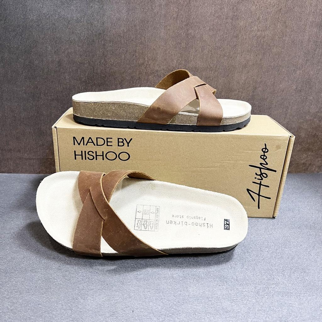 Dép đế trấu birken da bó sáp nam nữ unisex quai ngang chéo bigsize 35 - 43 chính hãng Hishoo S107