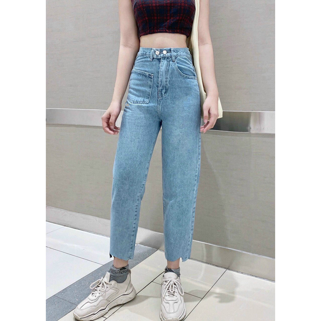 quần baggy jean nữ hai cúc nắp lệch