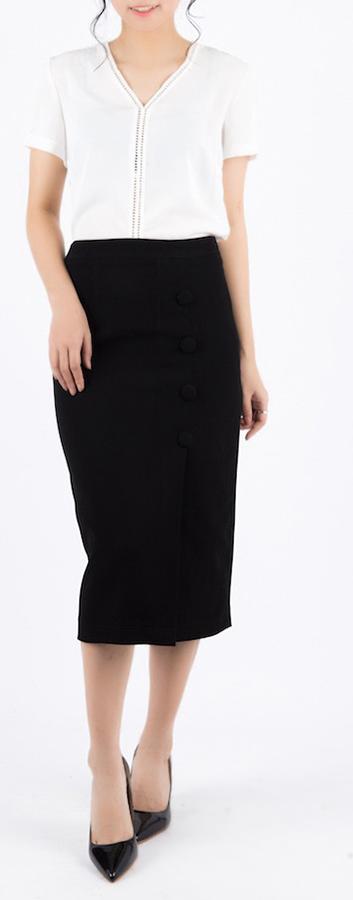 Chân Váy Midi Cúc Bọc De Leah - Đen