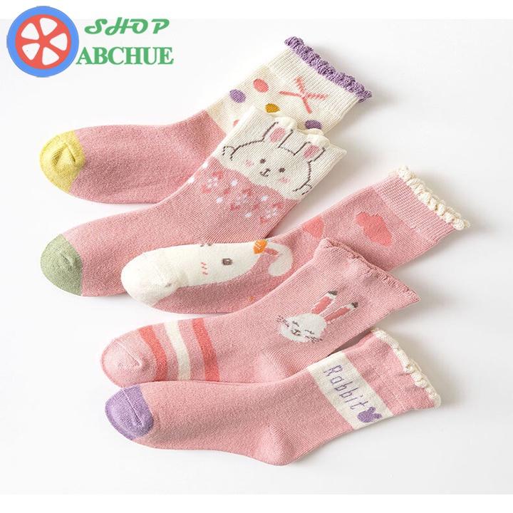 Tất Vớ Trẻ Em Minliu hình Thỏ đáng yêu Cho Bé Từ 1 – 12 Tuổi Chất Cotton Set 5 Đôi