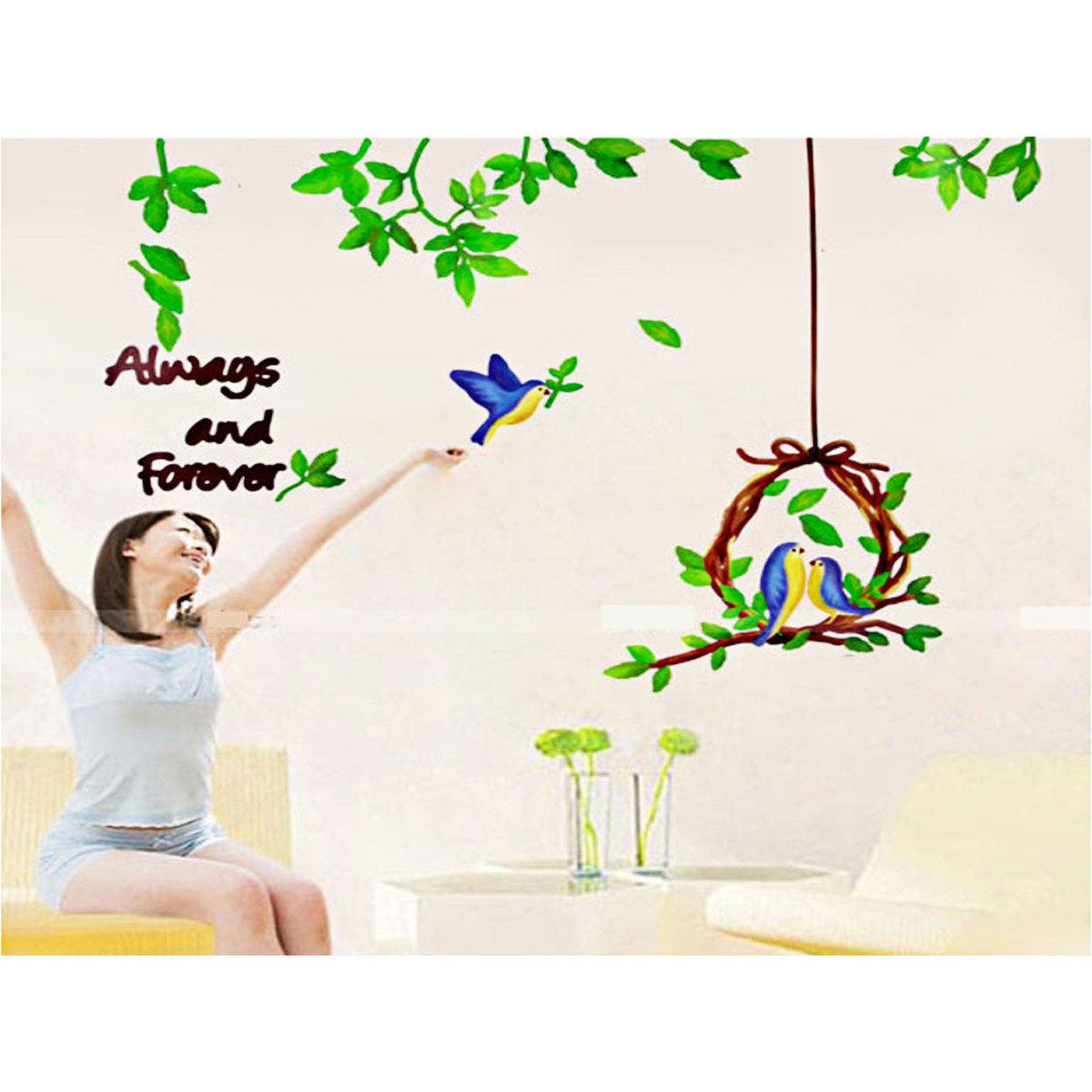 Decal dán tường vòng lá chim xanh
