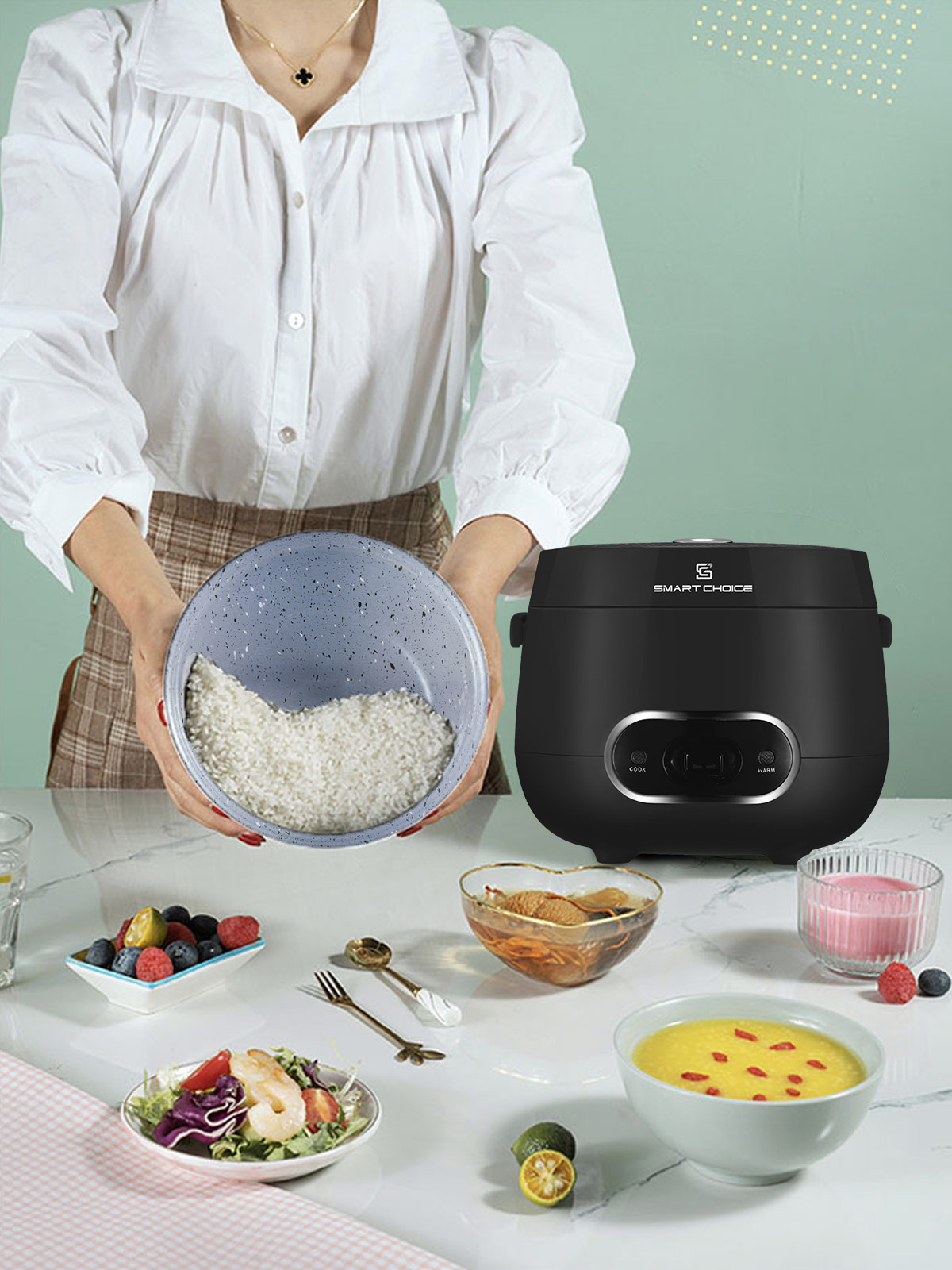 Nồi Cơm Điện Mini 1.2L SMARTCHOICE SCG-RC3001 Lòng Nồi Phủ Ceramic Chống Dính Cao Cấp, Nồi Cơm Điện Cơ Có Quay Xách Dùng Cho 1-3 Người Ăn, Nấu Chín Nhanh, Giữ Ấm Lâu - Hàng Chính Hãng