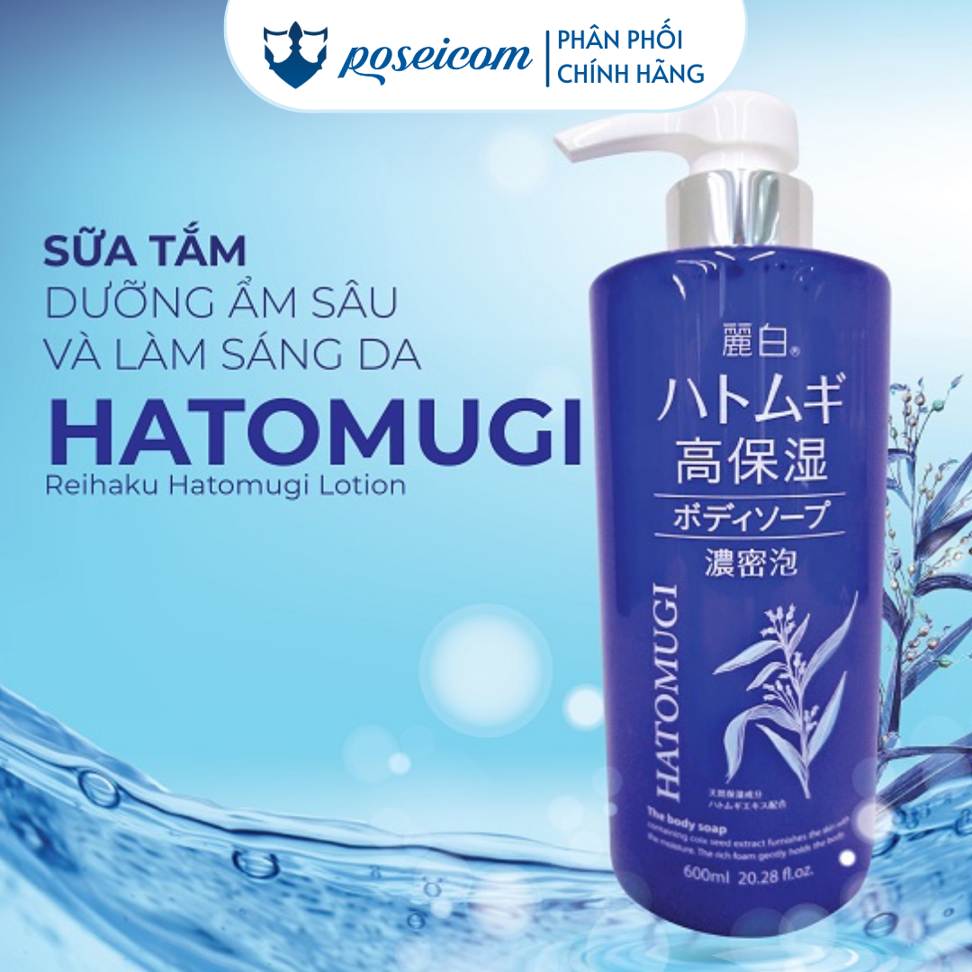 Sữa Tắm Dưỡng Ẩm Sâu Và Làm Sáng Da Reihaku HATOMUGI Moisture Rich Body Soap Chai Xanh 600ml Poseicom 4513574030305
