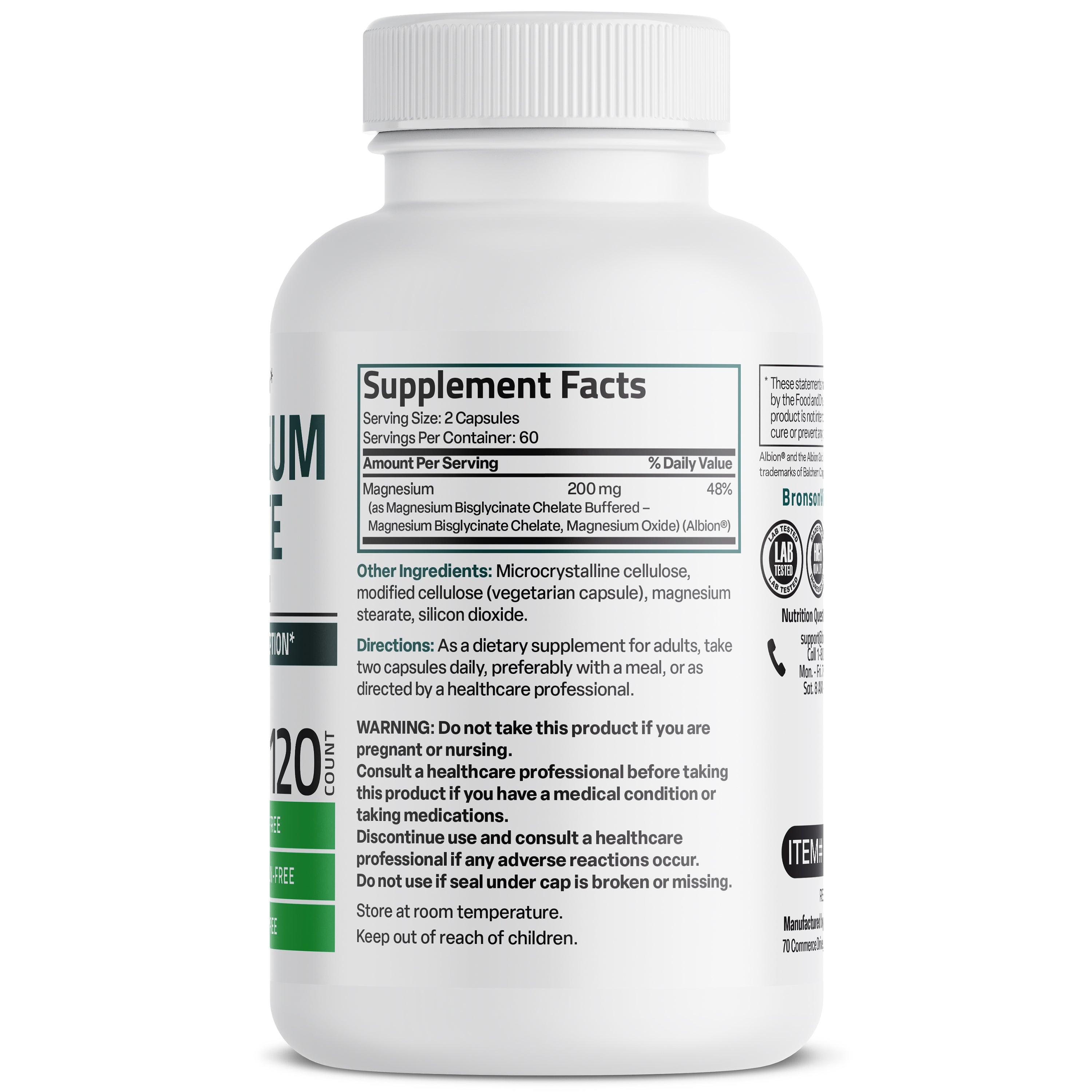 Bronson Magnesium Glycinate 200mg (120 Viên) - Giảm Nguy Cơ Tiểu Đường Hỗ Trợ Sức Khỏe Xương Khớp Của Mỹ