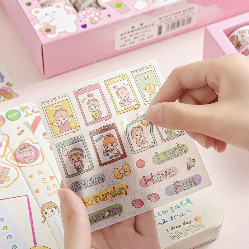 Set Hộp Washi Tape Cô Bé Đáng Yêu Băng Keo Hình Dán Cute Sticker Anime Trang Trí Sổ Combo 10 Cuộn 10 Stickers Cute