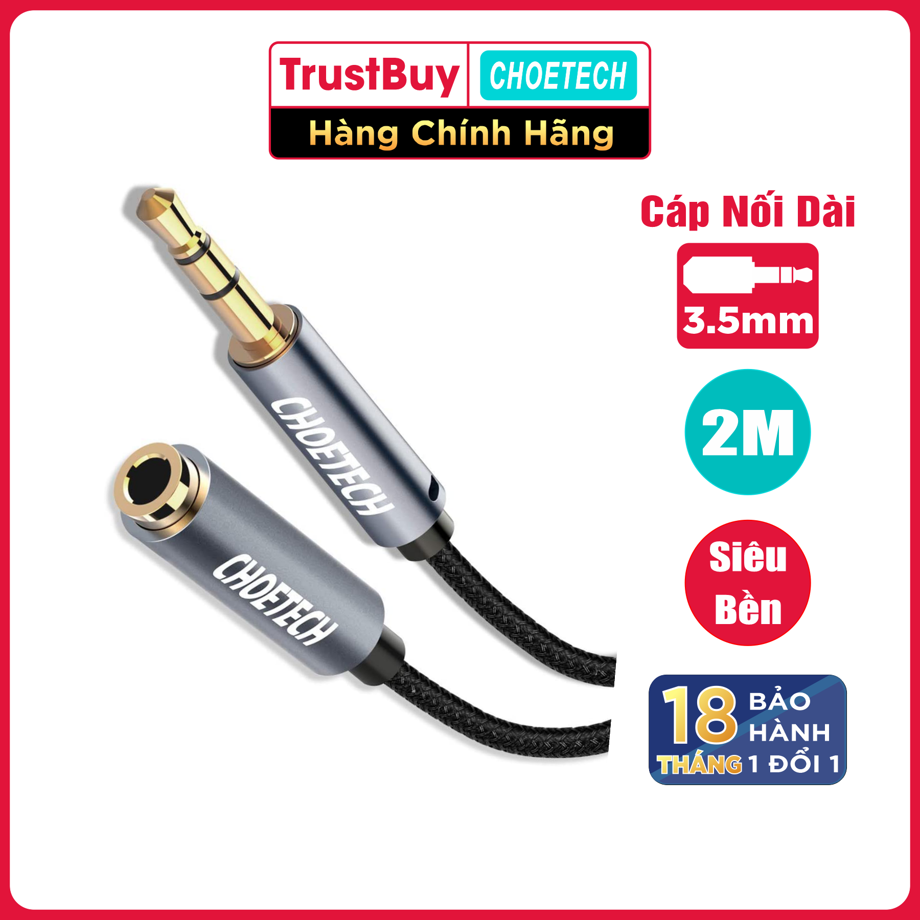 Dây Cáp Nối Dài Âm Thanh 3.5mm Dài 2M CHOETECH AUX001-BK - Hàng Chính Hãng