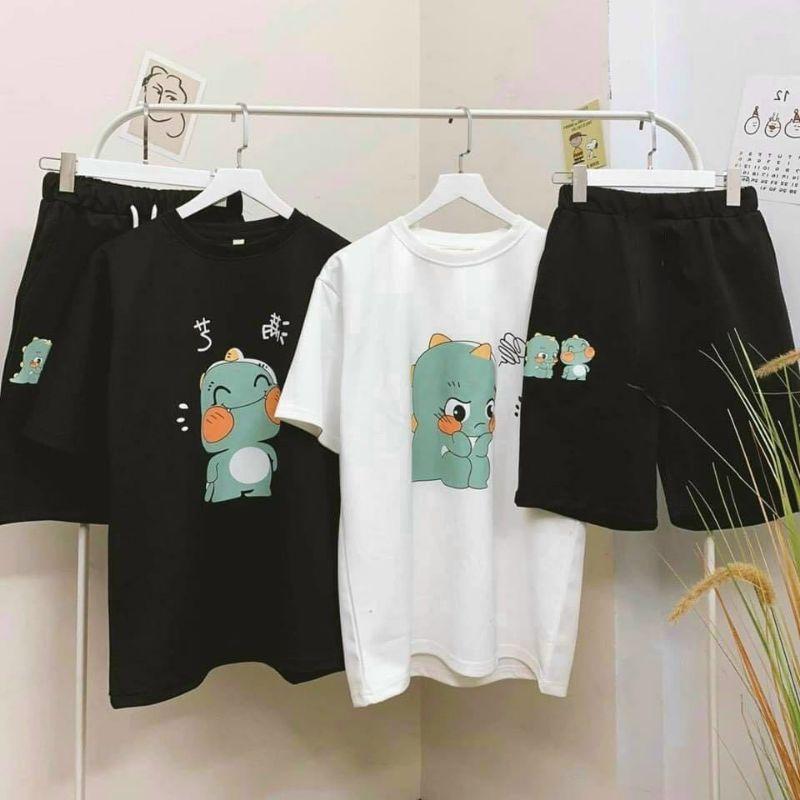 Set bộ đồ khủng long dễ thương,Đồ bộ thun tay lỡ +quần đũi mặc nhà unisex nam nữ,chất thun lạnh cực mát thời trang teen