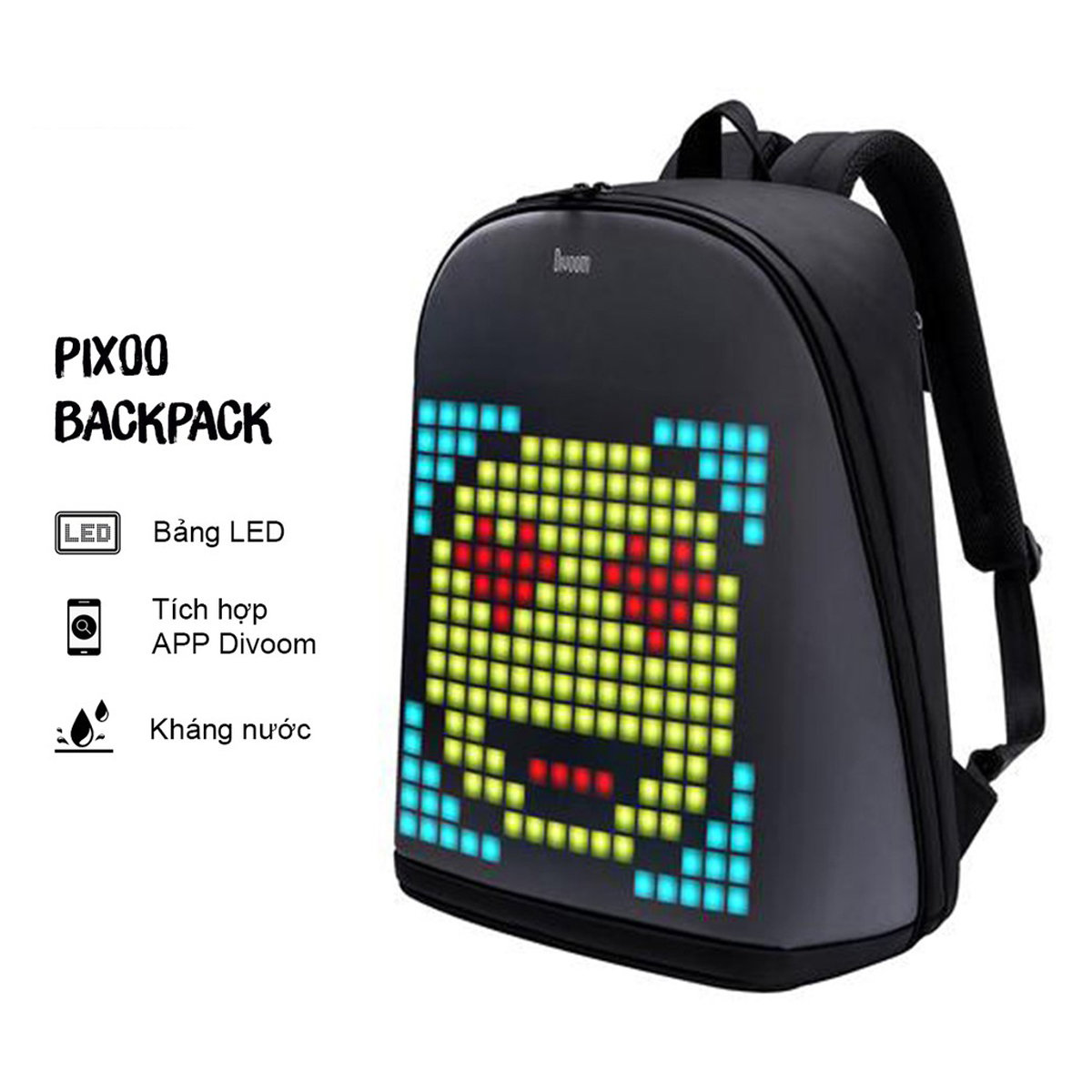 Balo Divoom – Pixoo backpack có màn hình LED tùy chỉnh bằng APP, ngăn chứa lớn vừa Laptop 13 Inch, chống thấm nước cho hoạt động ngoài trời