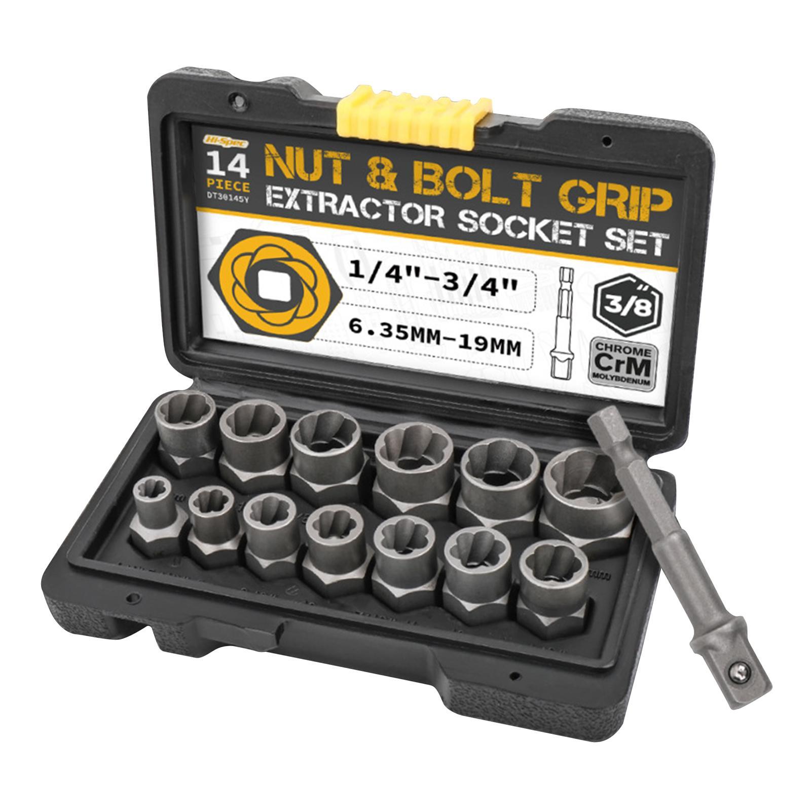 14Pcs Impact Bolt Nut Remover Kit Socket Tool Set Hand Tools 6.35mm - 19mm