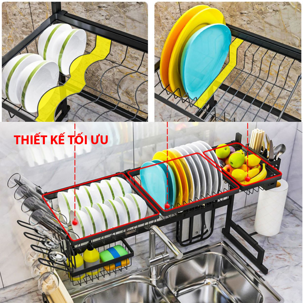 Kệ để đồ đa năng trên chậu rửa bát Inox mạ sơn tĩnh điện màu đen kích thước 85 * 32 * 52cm