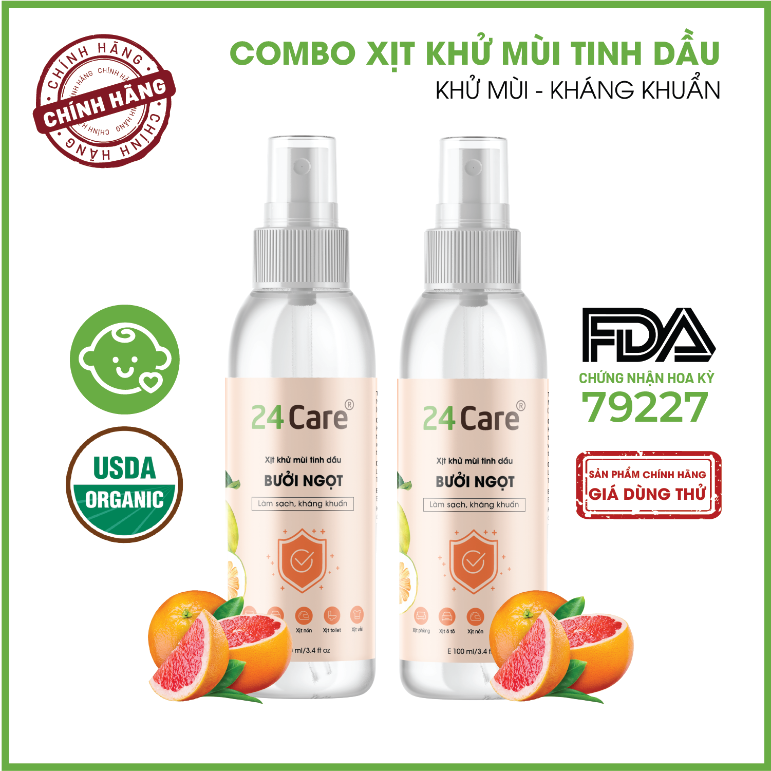 Combo 2 chai Xịt Phòng Tinh Dầu Bưởi Úc Hữu Cơ Organic 24Care 100ML/Chai - Kháng khuẩn - Khử mùi hôi - Đuổi muỗi, côn trùng - Hương thơm thư giãn.