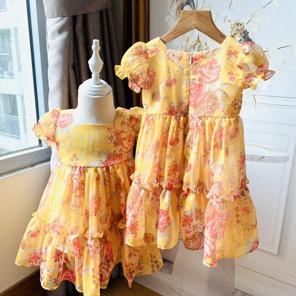 Váy bé gái, đầm bé gái tơ óng siêu cao cấp mềm mịn màu vàng chanh xả cực xinh cho bé gái từ 1-10 tuổi tại Mom's Choice